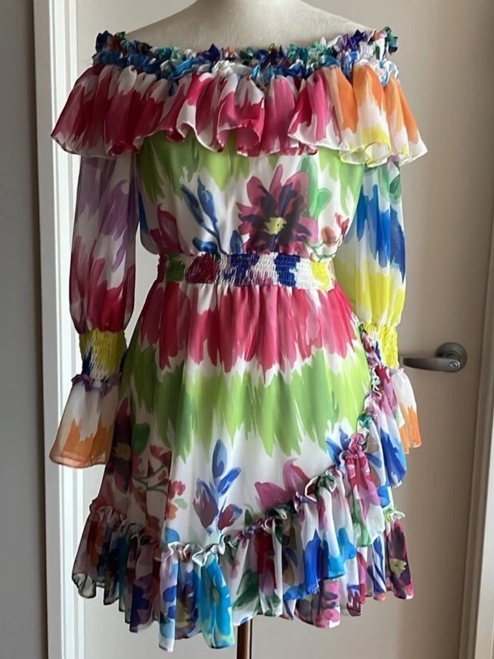 PatBO Bloom Off Shoulder Floral Mini Dress S NWT Ruffle Resort Party
